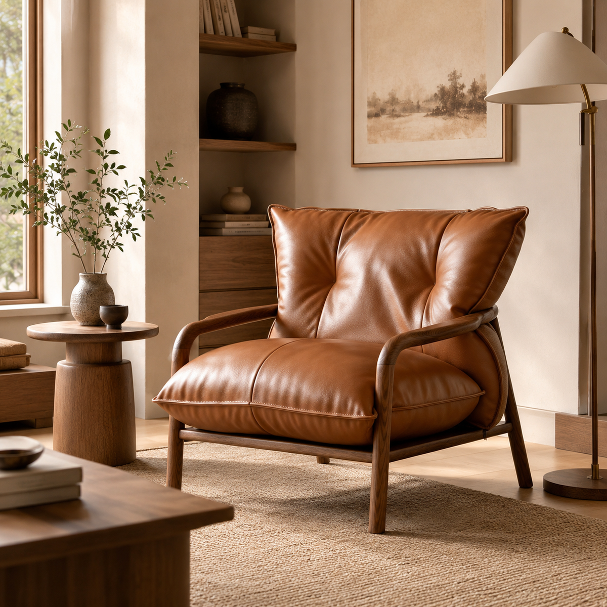 Modern Solid Ash Wood Eco-Leather Lounge Chair