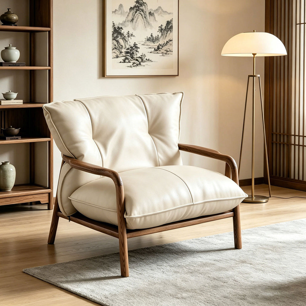 Modern Solid Ash Wood Eco-Leather Lounge Chair