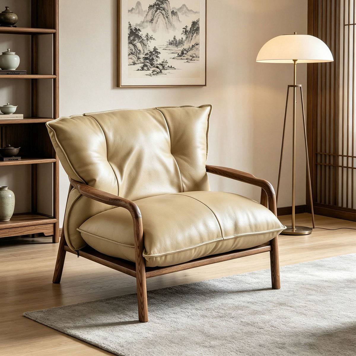 Modern Solid Ash Wood Eco-Leather Lounge Chair
