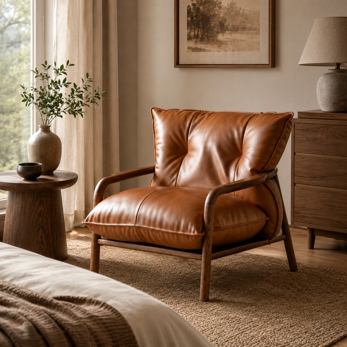 Modern Solid Ash Wood Eco-Leather Lounge Chair