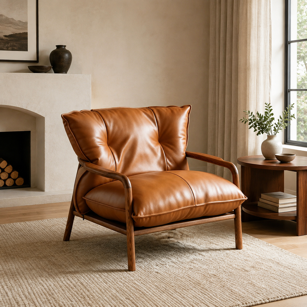 Modern Solid Ash Wood Eco-Leather Lounge Chair