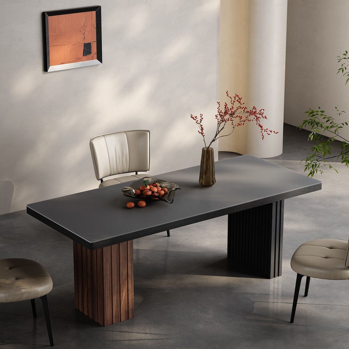 Modern Glass Dining Table with Sculptural Pedestal Bases
